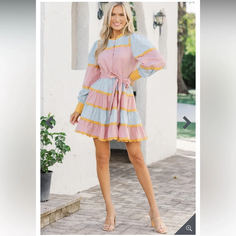 TCEC  Pastel Long Sleeves Ruffle Colorful Mini Dress with Yellow Accents - Picture 15 of 16